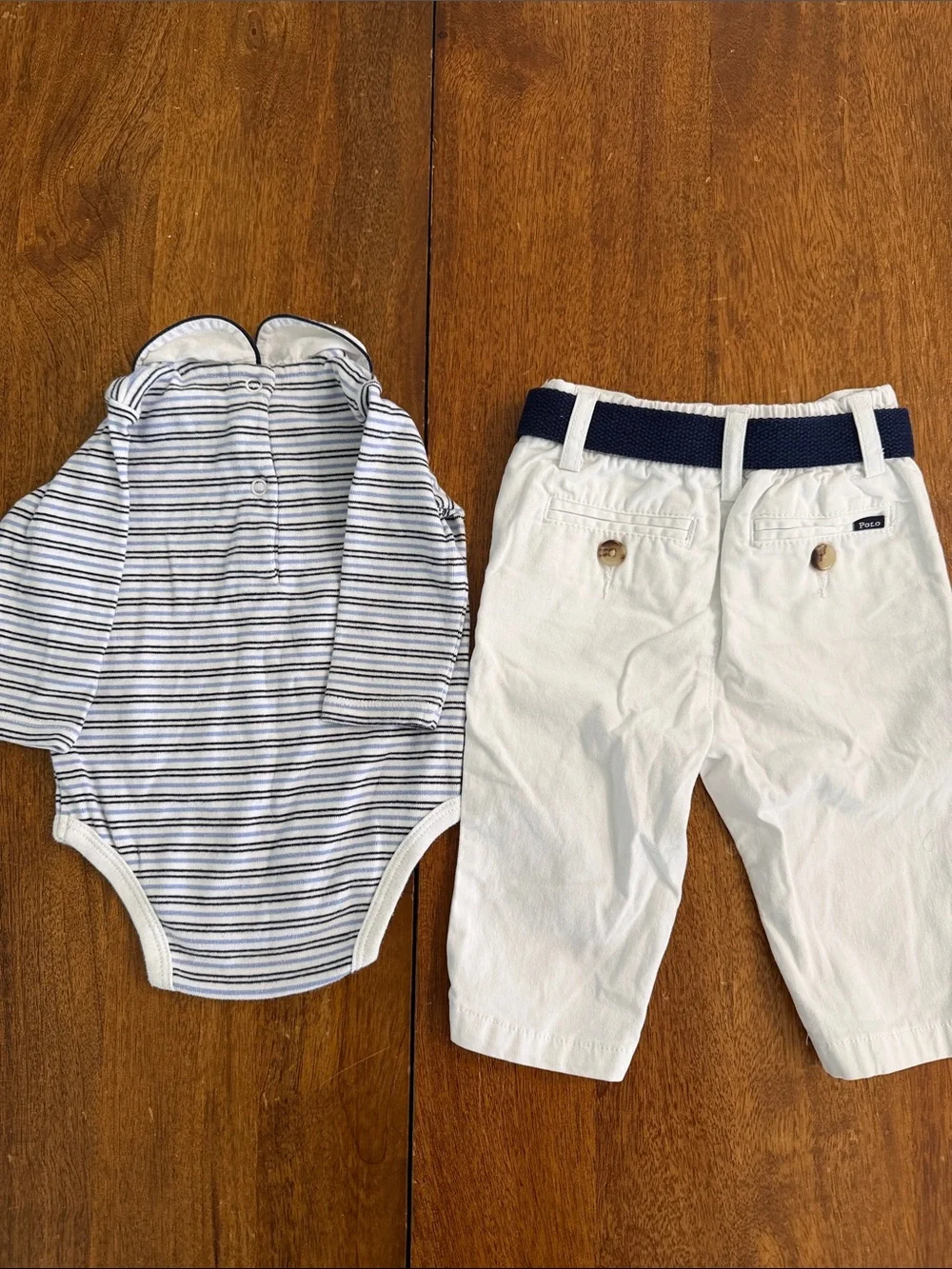 Ralph Lauren Striped Collar Top and White Pants Set w/ Navy Belt Boys 6 months